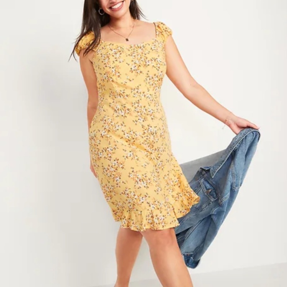 NWT Old Navy Fit and Flare Puff-Sleeve Yellow-Floral Print Dress, Flutter Hem, L